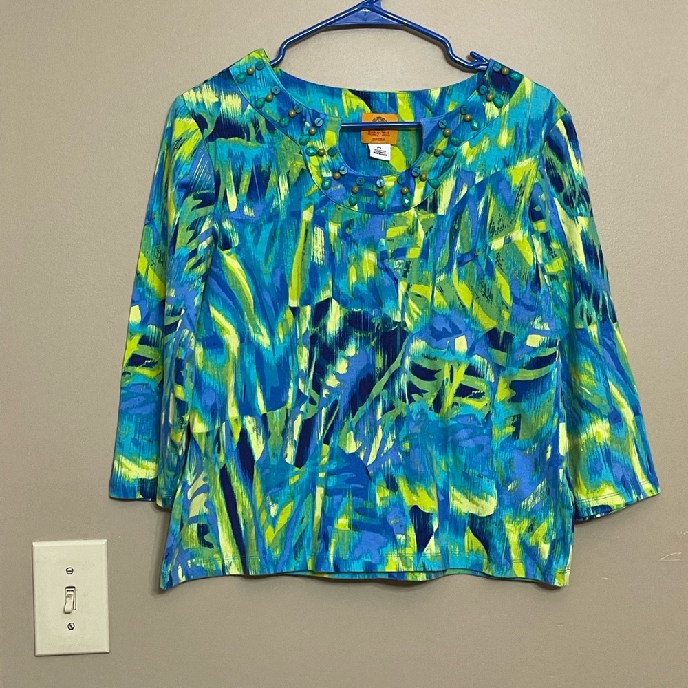 💕Ruby Rd. Women’s Blue Green Beaded Three Quarter Sleeve Shirt Petite Large PL
